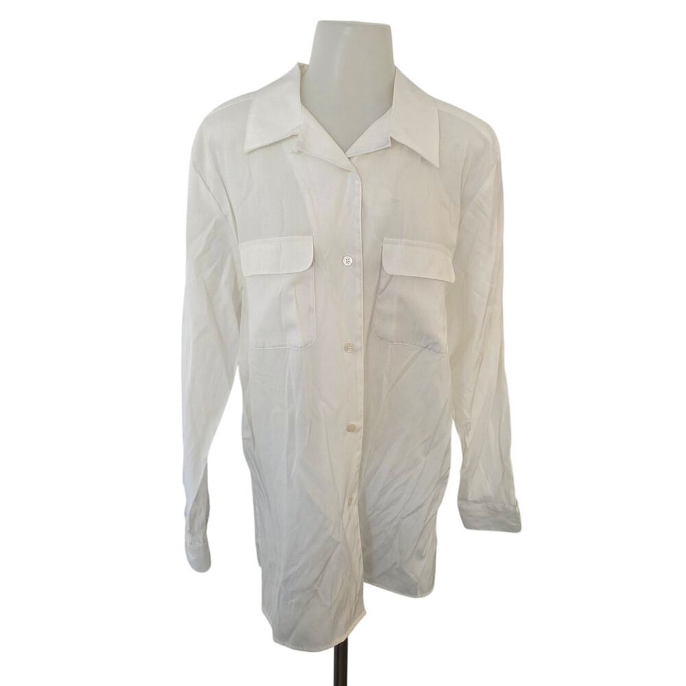 Vintage Karen Scott White Collared Button Front Long Sleeve Shirt Medium Basic